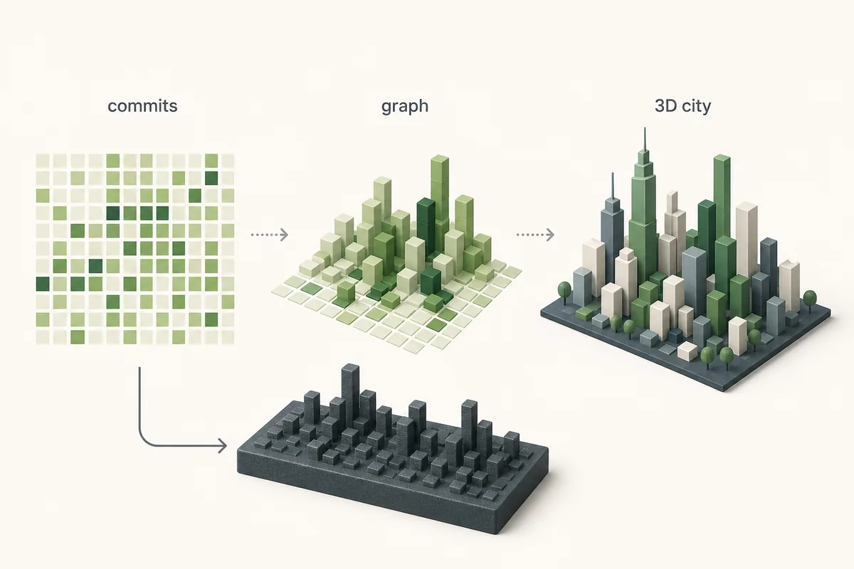 Editorial diagram showing GitHub commits becoming a contribution graph, a 3D city, and a skyline model