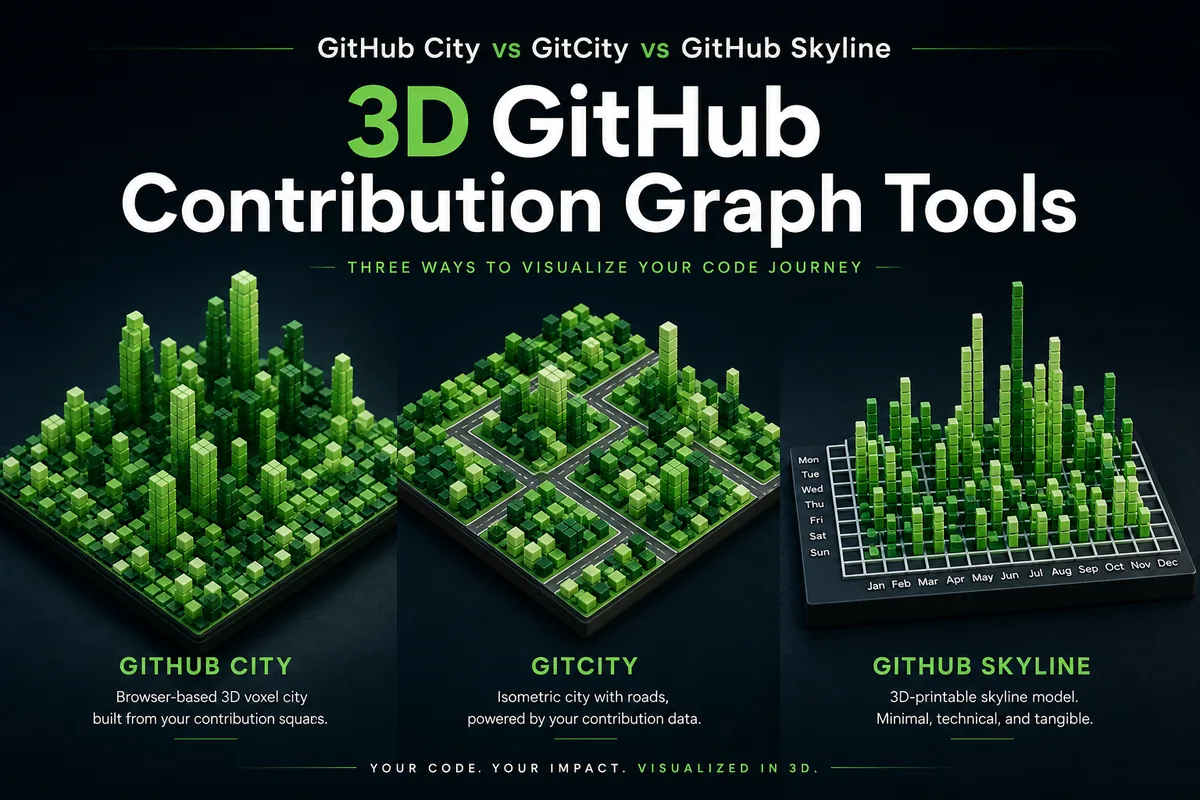 Comparacao de ferramentas de grafico 3D de contribuicoes do GitHub mostrando uma cidade voxel, uma cidade isometrica e um modelo de skyline imprimivel