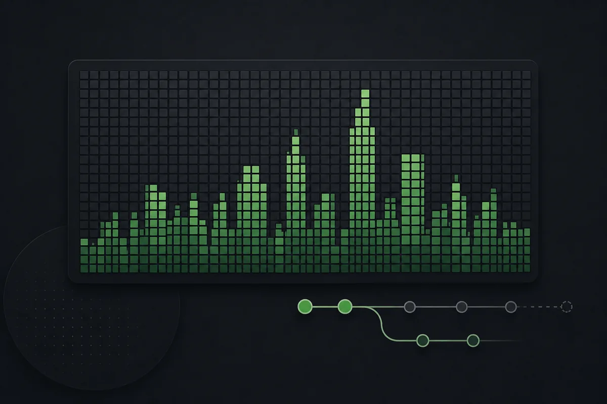 Griglia verde dei contributi GitHub che sale in una skyline di cronologia dei commit con una linea temporale dei branch