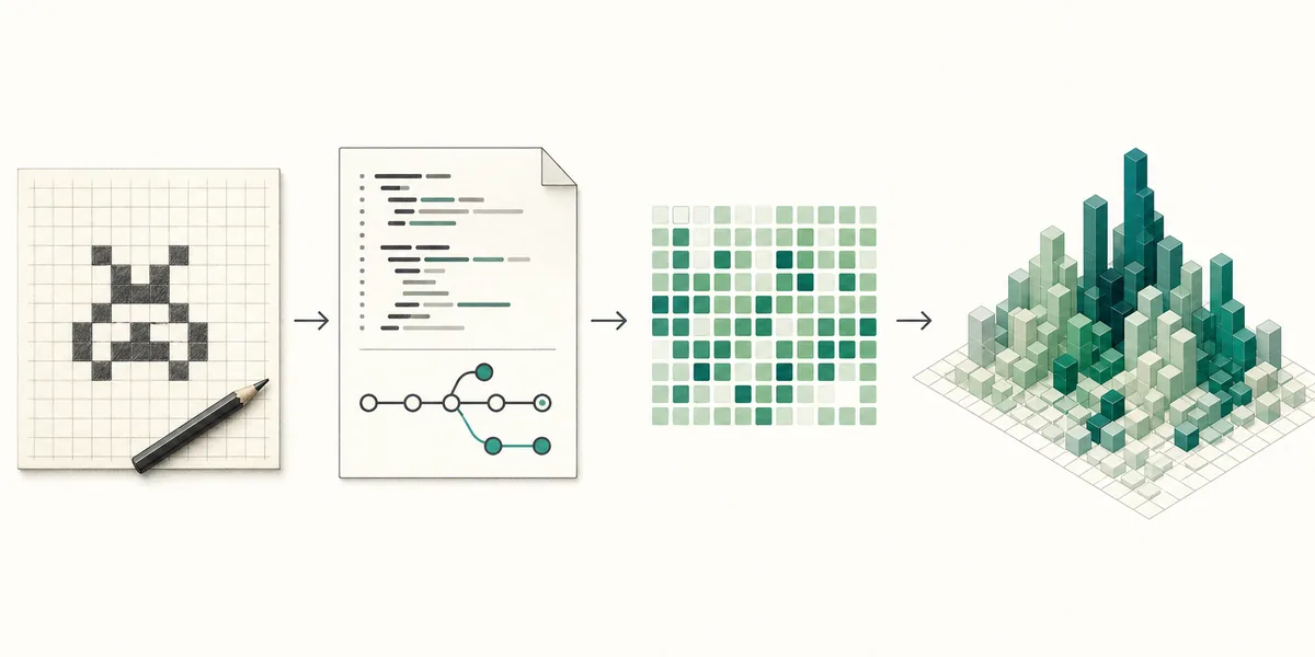 Flusso editoriale da un registro di commit datato a una griglia di contributi e a una visualizzazione 3D