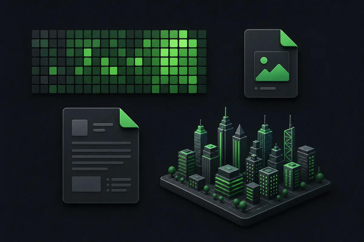 Comparison of PNG image, README card, contribution graph, and 3D GitHub city visual formats
