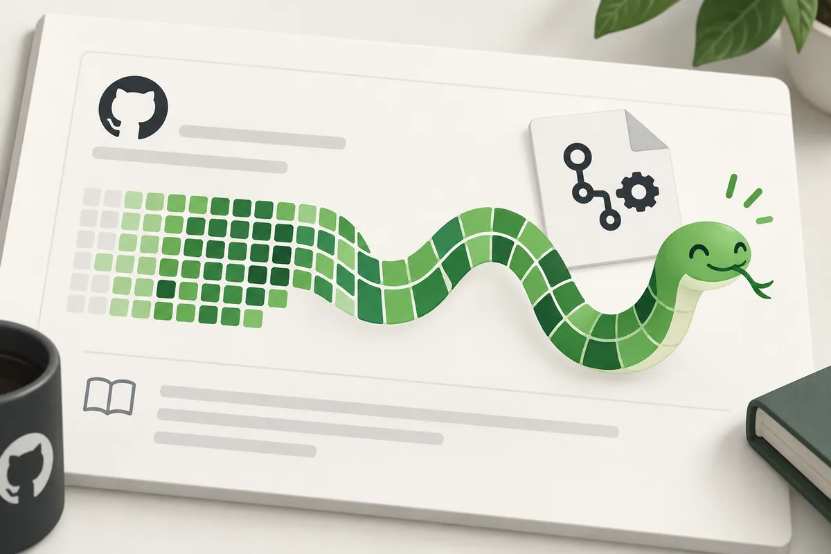 Illustration éditoriale d’une grille de contributions GitHub qui devient une animation snake