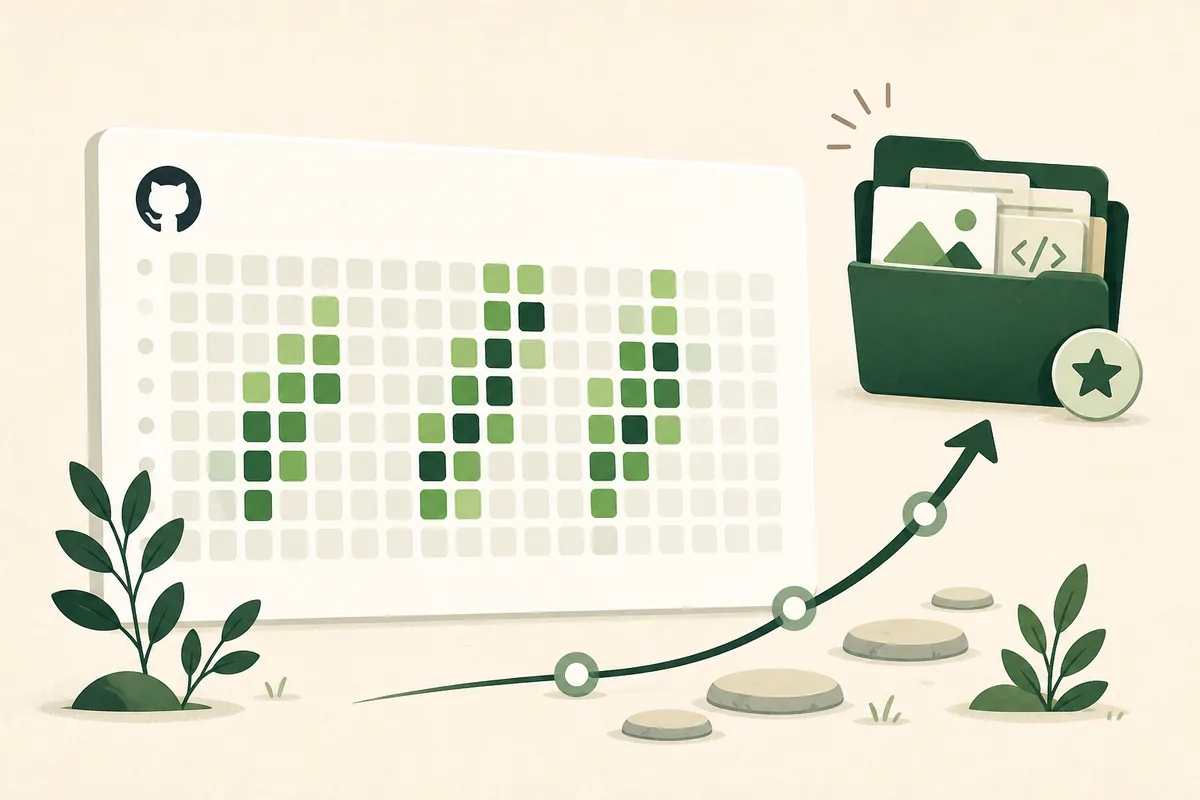 Redaktionelle Illustration eines GitHub-Beitragskalenders, der zu einem Portfolio fertiger Arbeit führt