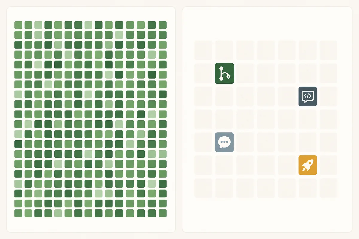 Vergleich einer dichten Beitragswand mit einer kleineren Grafik, die mit Code, Diskussion und Release-Symbolen verbunden ist