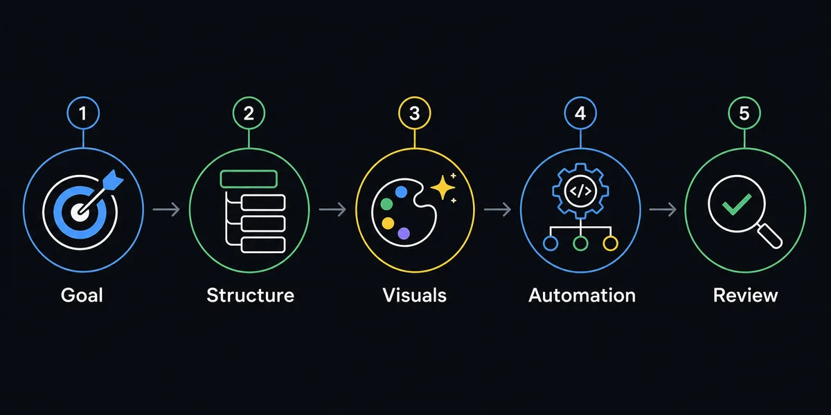 Five-step editorial flow for a GitHub profile README template: goal, structure, visuals, automation, review