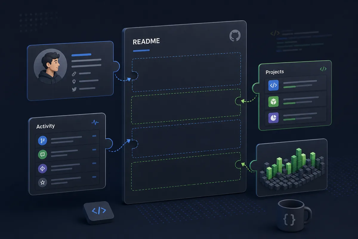 Editorial diagram showing a GitHub profile README assembled from intro, projects, activity, and 3D contribution visual sections