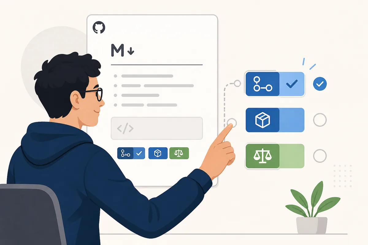 Illustration éditoriale d’une personne choisissant des badges README GitHub utiles à côté d’un document Markdown