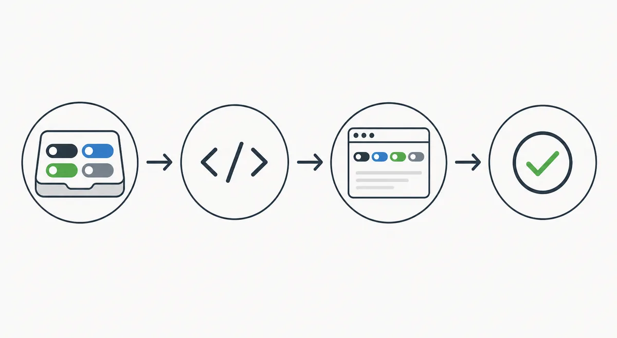 Flux éditorial montrant la sélection d’un badge, l’écriture Markdown, la vérification du README publié et la validation finale