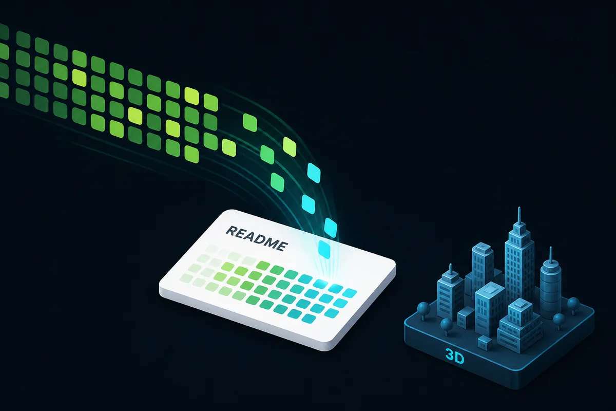 GitHub の貢献データが README の streak stats カードと GitHub City の 3D 表示に変わる流れを示す図